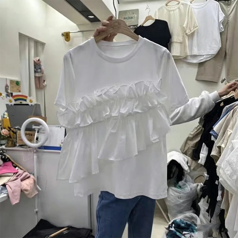 Korean Style Splice T-Shirt Women's Short Sleeve Summer New Fashion Design Lotus Leaf  round Neck Loose Fit Head over Foo...