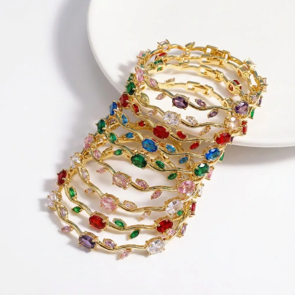 

18K Gold Plated Colorful Cubic Zirconia Tennis Bracelets, Wavy Link Design with Multi-Color CZ Stones