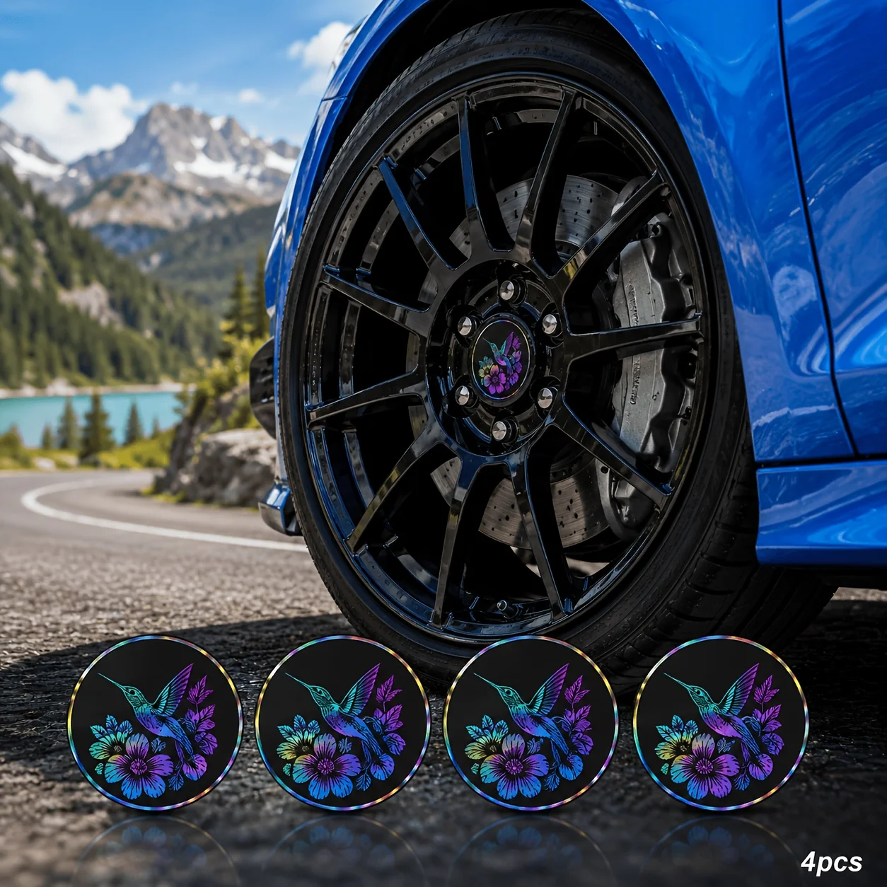 4Pcs Iridescent Hummingbird & Flower Wheel Center Cap Vinyl Stickers, Gradient Hummingbird Floral Wheel Badge Decals