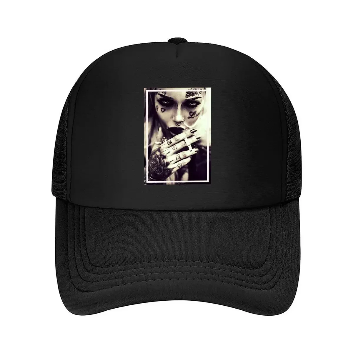 2026 Tattooed Woman Edgy, Monochrome Portrait of Ink - Adorned Figure Mesh Baseball Cap