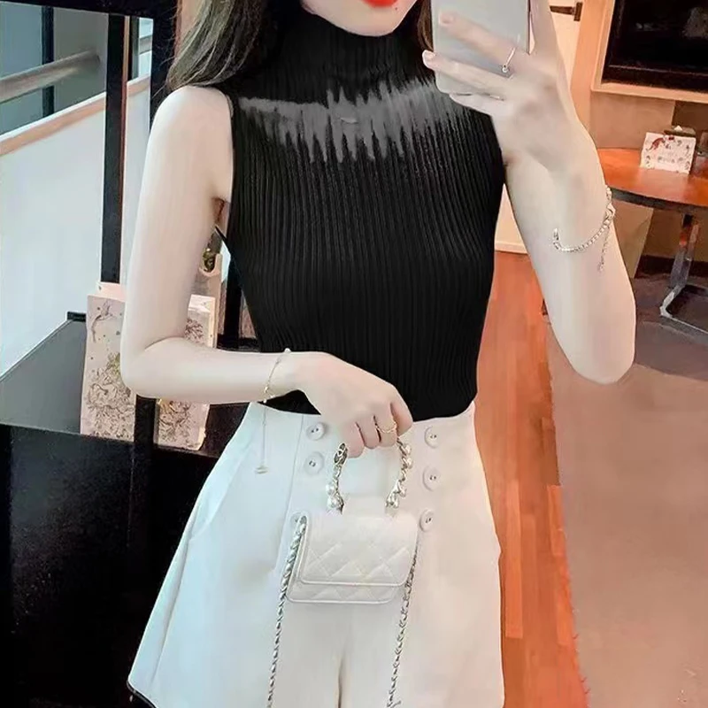 Summer Korean Half Turtleneck Hollow Knitted Vest Women Solid Color Sleeveless Slim Tank Top