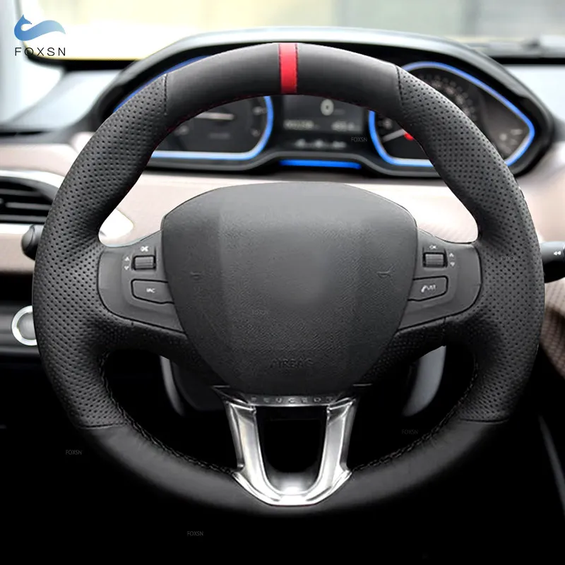 Black Perforated Leather Car Steering Wheel Cover Protection Trim For Peugeot 208 Peugeot 2008 2014 2015 2016 2017 2018