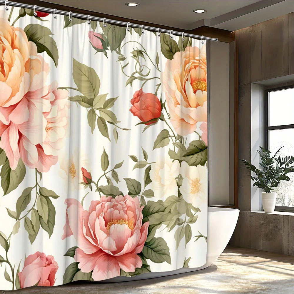 

1 элегантная занавеска для душа с цветочным принтом — роскошный декор для ванной комнаты, полиэфирная ткань, ванная комната с цветочным узором пиона и розы
