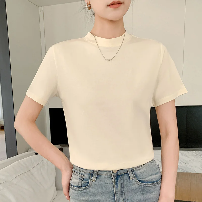 

Summer Semi-High-Necked Cotton Short-Sleeved T-shirt Women's Loose Plus Size With Cotton Bottoming Shirt Shoulder Coat