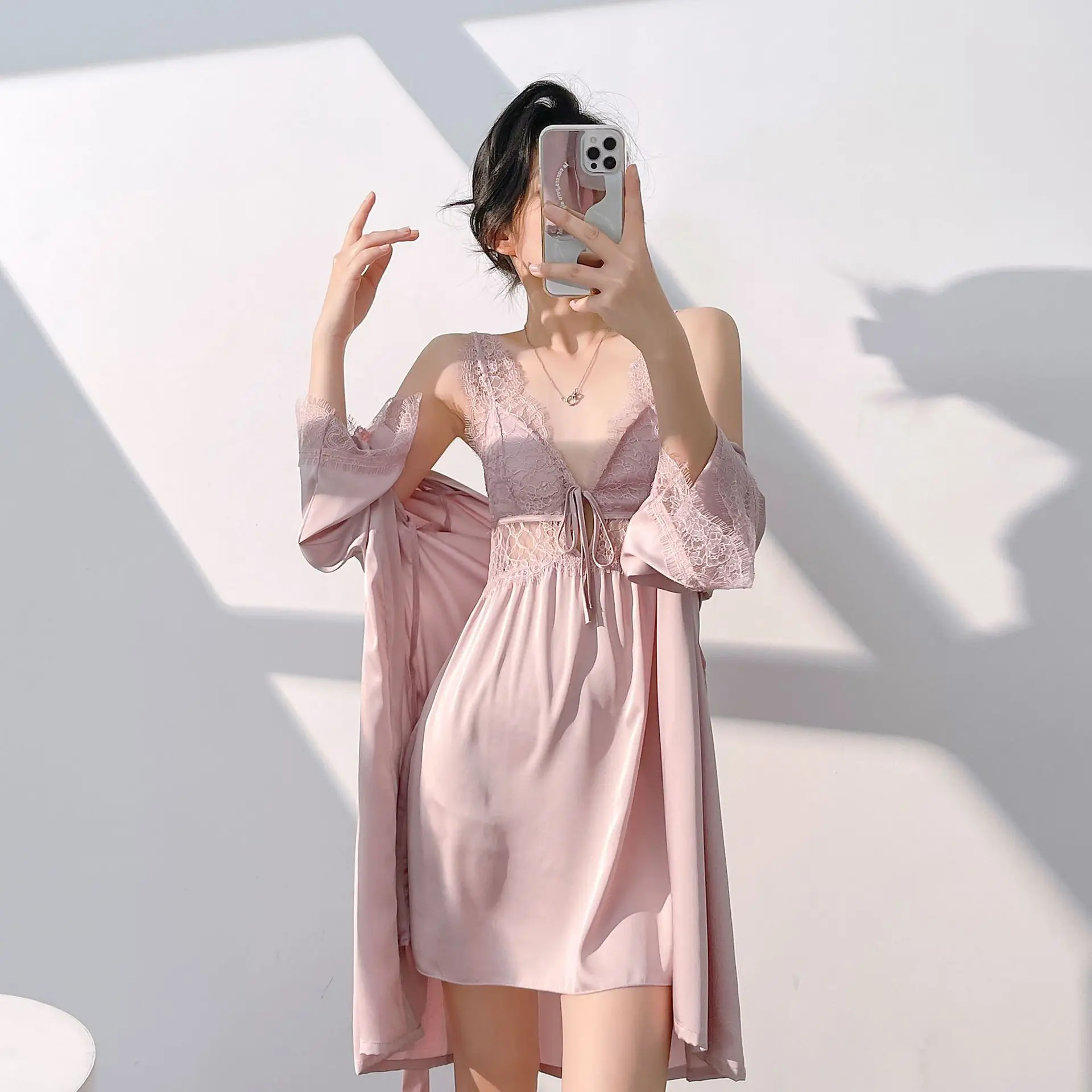 Twinset Robe ชุดเดรสชุดนอนหญิงชุดชั้นในลูกไม้ Hollow OUT เสื้อคลุมอาบน้ําชุดกิโมโนชุดฤดูร้อนชุดนอน