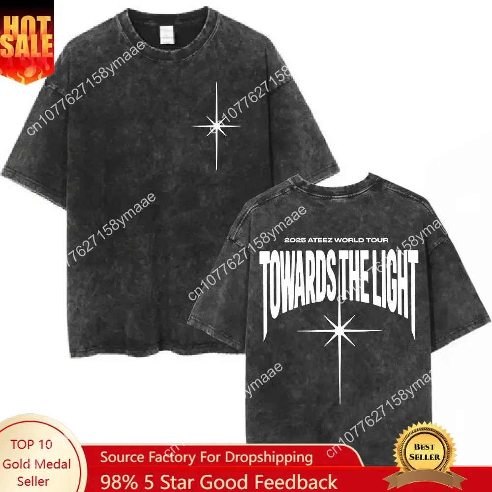 

Korean Kpop 2025 Ateez World Tour Towards The Light Vintage Washed T Shirts Men Women Women Clothing Fashion 100% Cotton Loose T