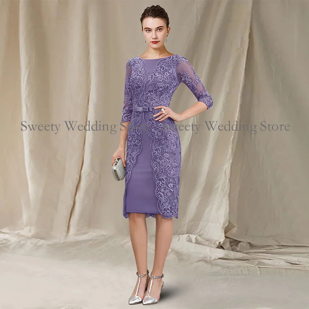 Lavender Short Mother of The Bride Dress Customized Scoop Half Sleevs Lace Knee Length Wedding Guest Gown Groom   Suits