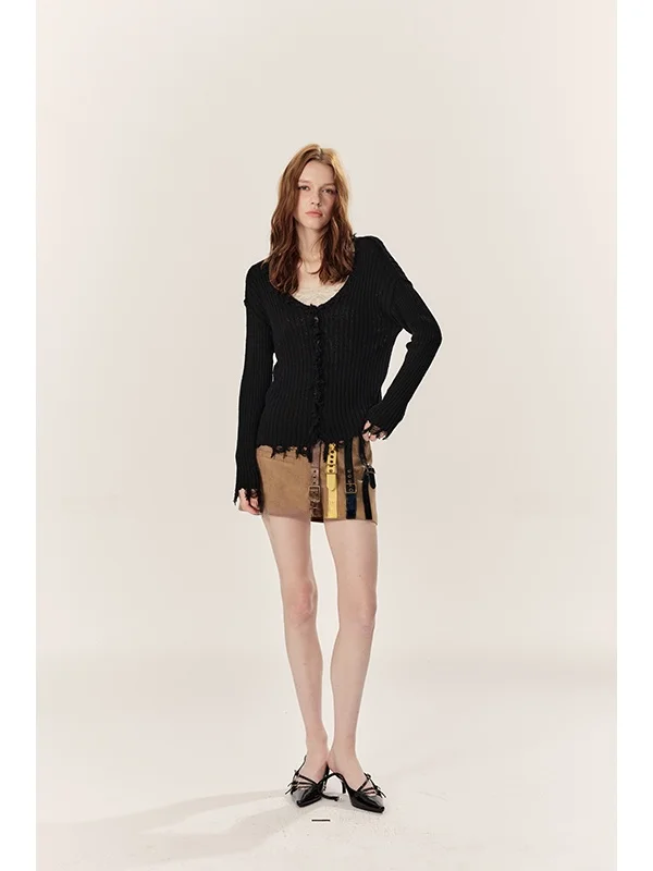 

Tee Goood V-Ne Knitted ort Open-irt with Fringe And Hole Design Breathable Polyester Fiber Cotton Nylon Ladieswear