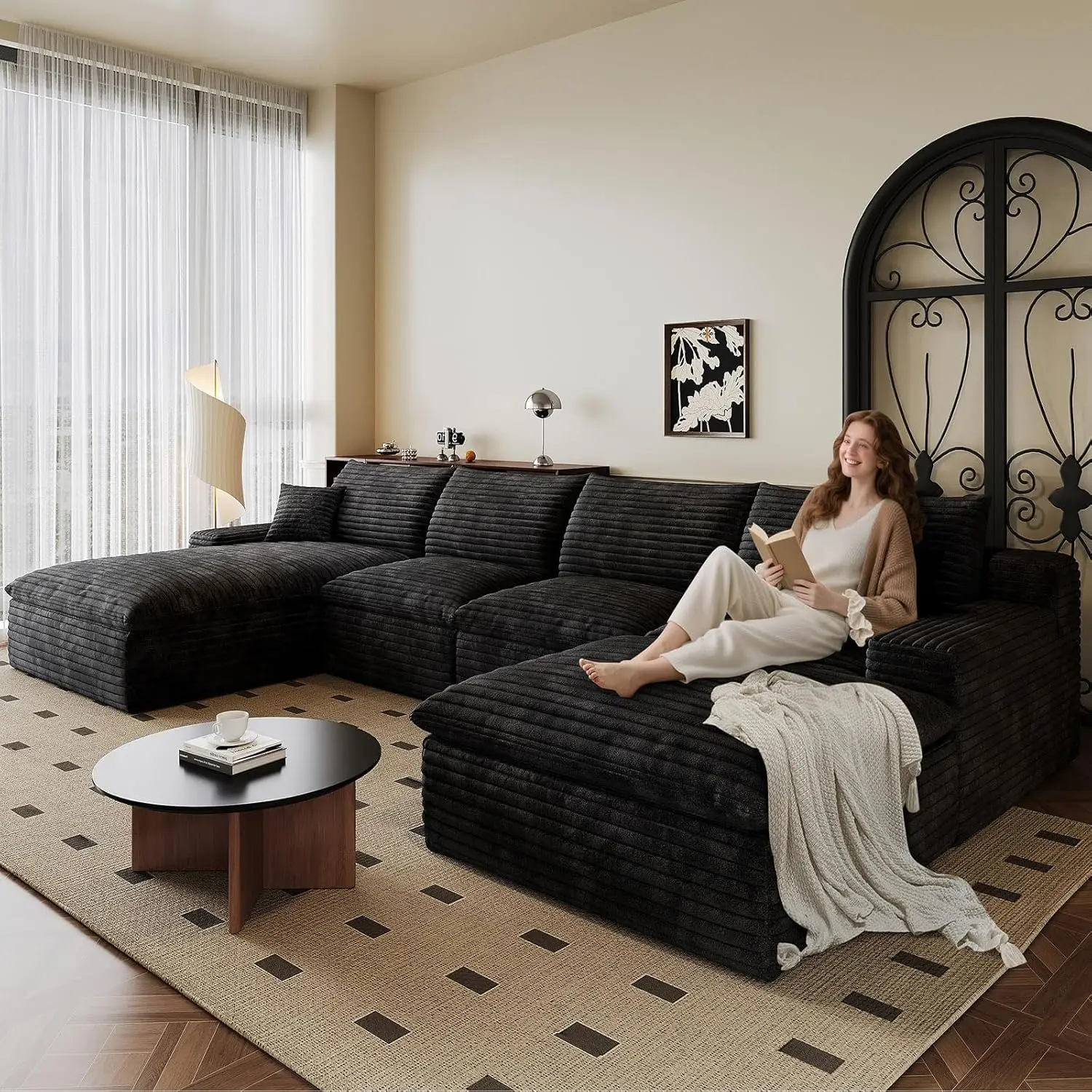 

136" U-Shaped Sectional Sofa with Ottoman Deep Seat Modular Corduroy Living Room Bedroom Left Chaise Black Customized