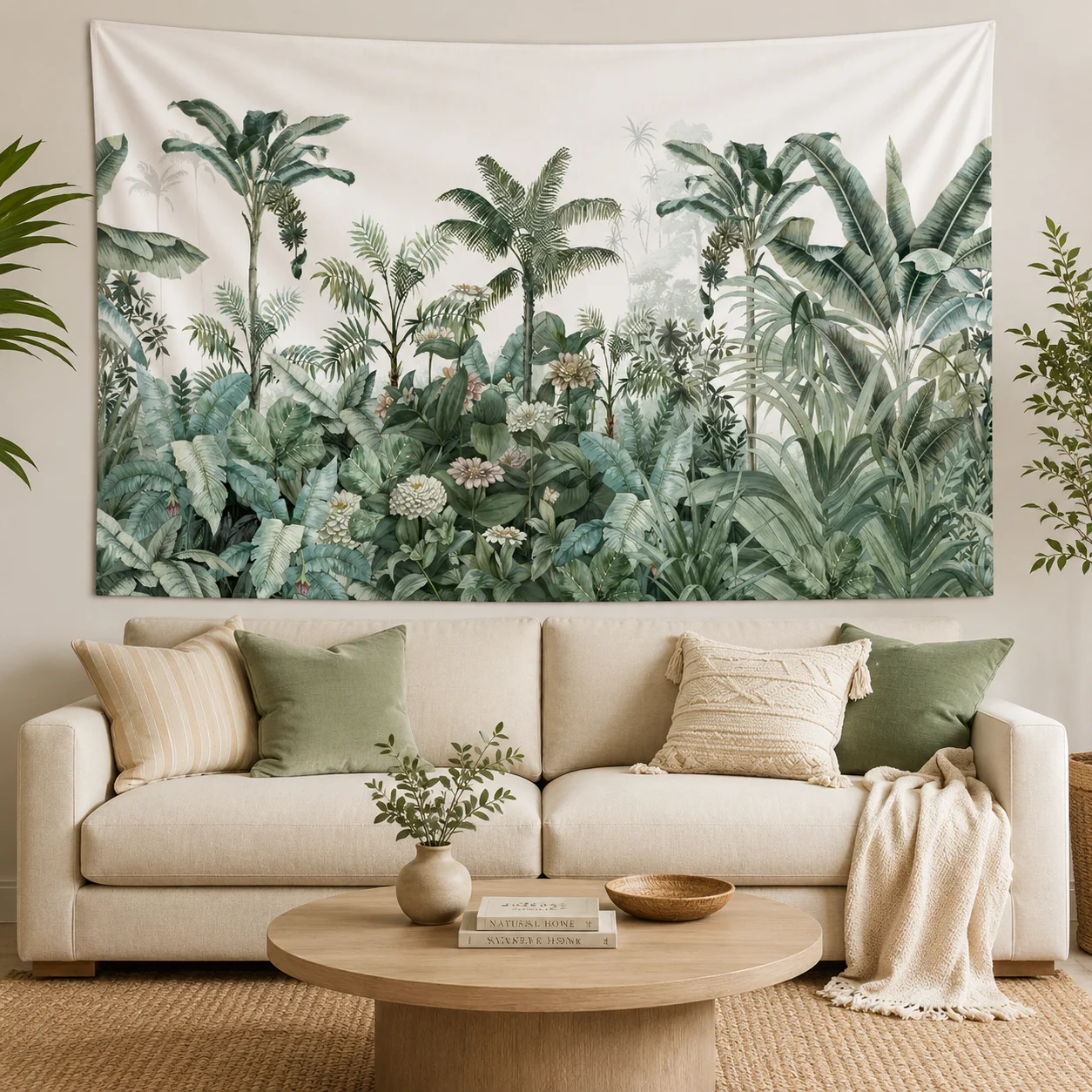 Watercolor Tropical Jungle Tapestry Palm Banana Leaf Botanical Wall Hanging, Rainforest Plant Boho Bedroom Dorm Wall Decor