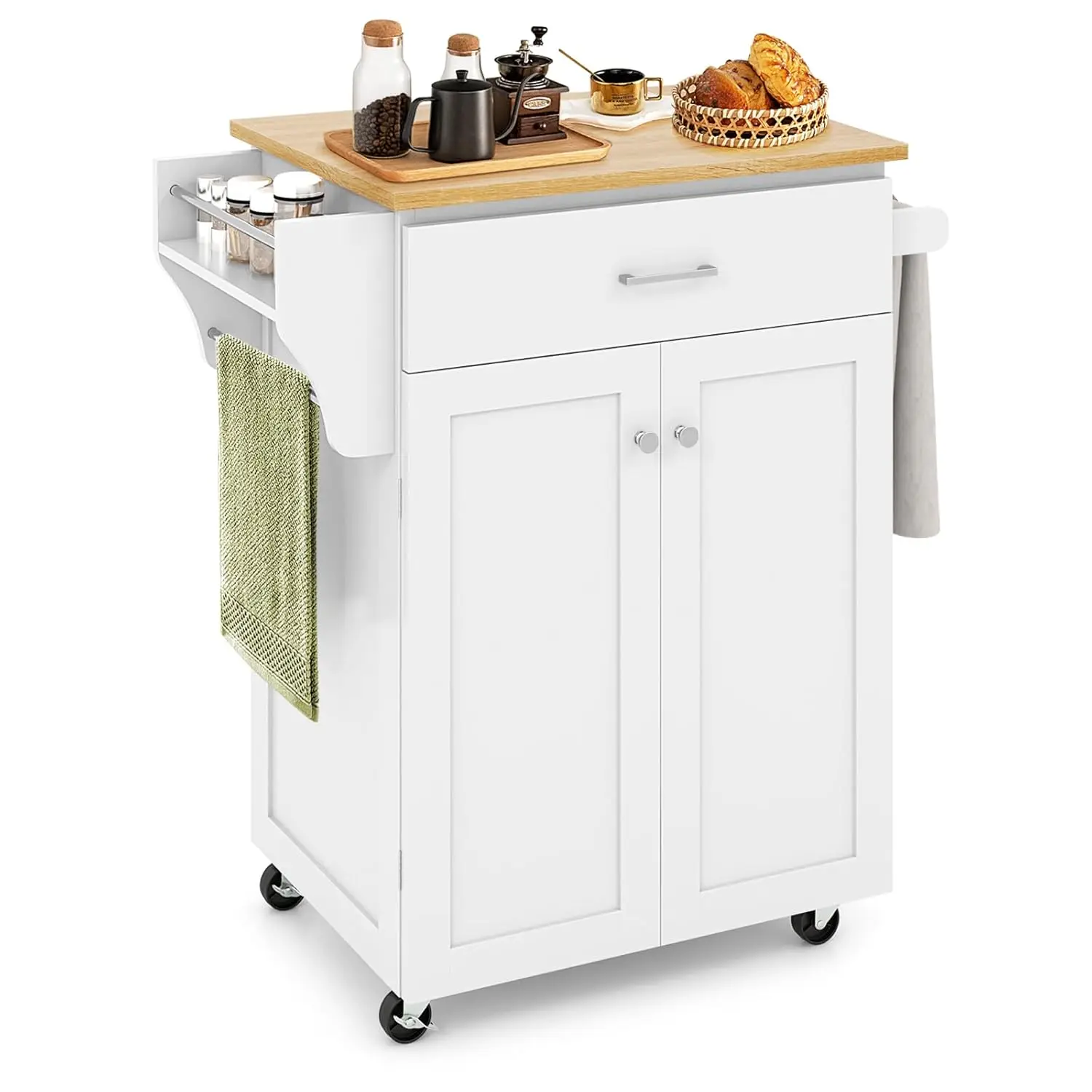 

Rolling Kitchen Island, Kitchen Trolley Cart with Spice Rack, Large Drawer, Towel Rack, Storage Pantry Cabinet with, Customized