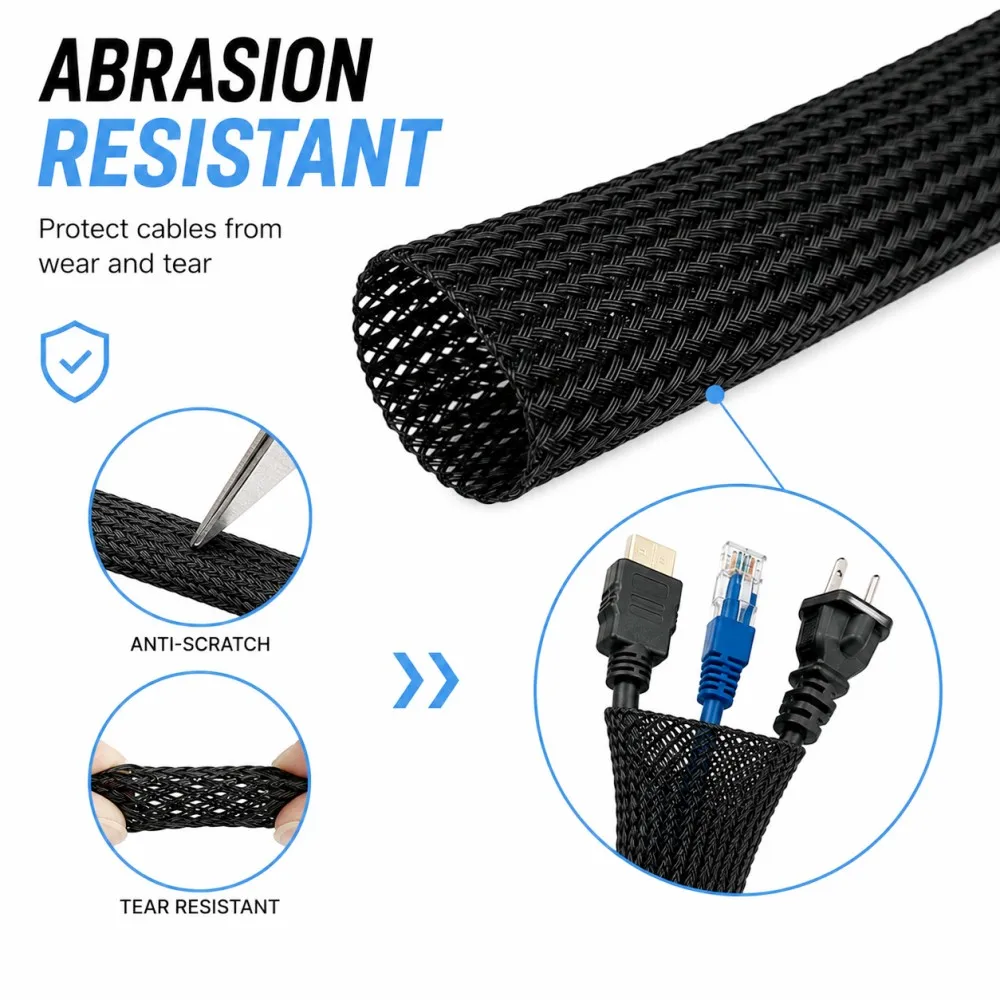 ID2~100mm Black PET Flame Retardant Expandable Braided Sleeve, Anti-Abrasion Industrial Wire Harness Cable Management Protector