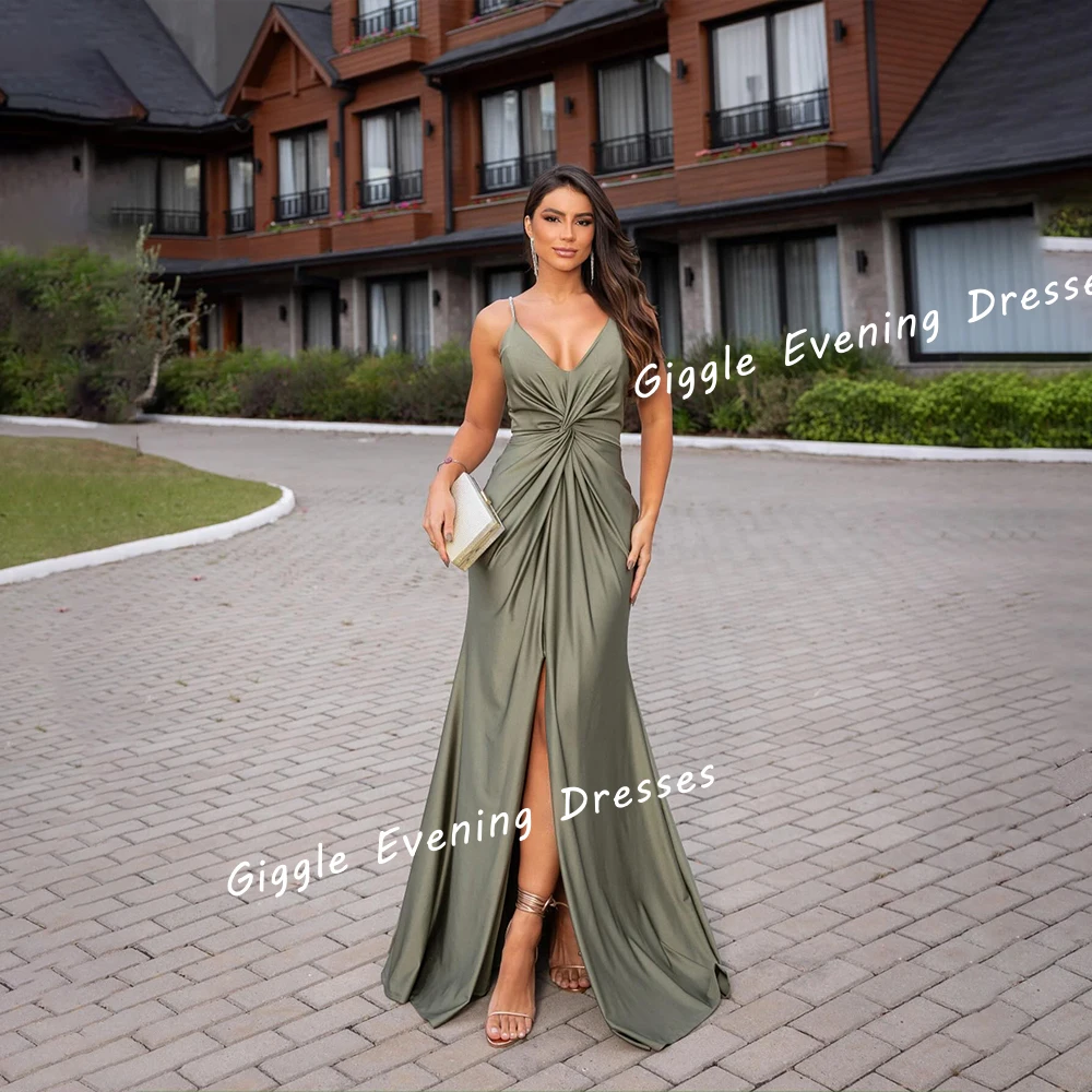 Satin Spaghetti Strap Close-Fitting Prom Gown Saudi Arab Pretty Slit Floor-Length Elegant Pleating Ladies Evening Dresses 2024