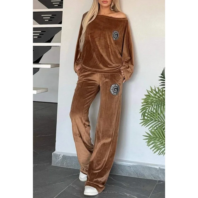 العصرية المرأة قطعتين الدعاوى الخريف الشتاء الذهبي المخملية الصلبة س الرقبة الخفافيش كم عادية موضة جديدة قبالة الكتف 2 قطعة مجموعة #1