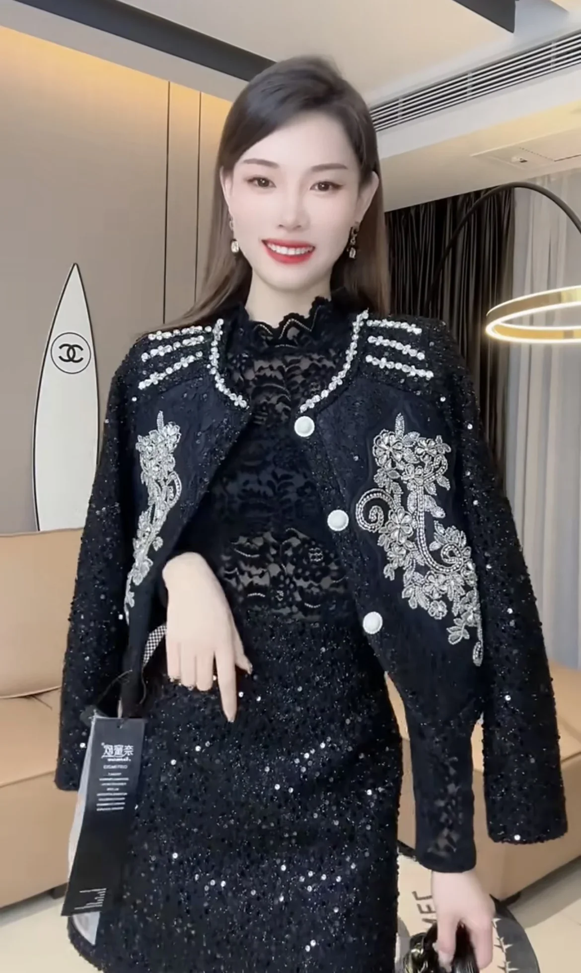 Beaded Skirt Sets Luxury Sequined Round Collar Pearl Button Short Jacket and High Waist Mini Skirt Women Elegant Outfit