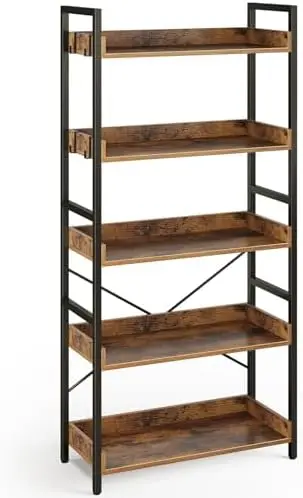 

Bookshelf 5 Tier with 4 Hooks, Industrial Wood Bookcase, Vintage Storage Rack with Open Shelves, Rustic Standing Bookshelves Dis