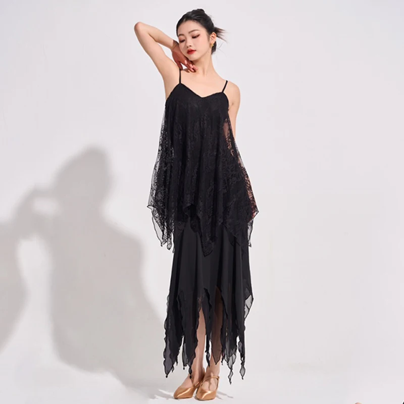 New Latin Ballroom Dance Clothes Women Black Tops Irregular Mesh Skirt Waltz Dancing Performance Costume Practice Wear  DNV24518