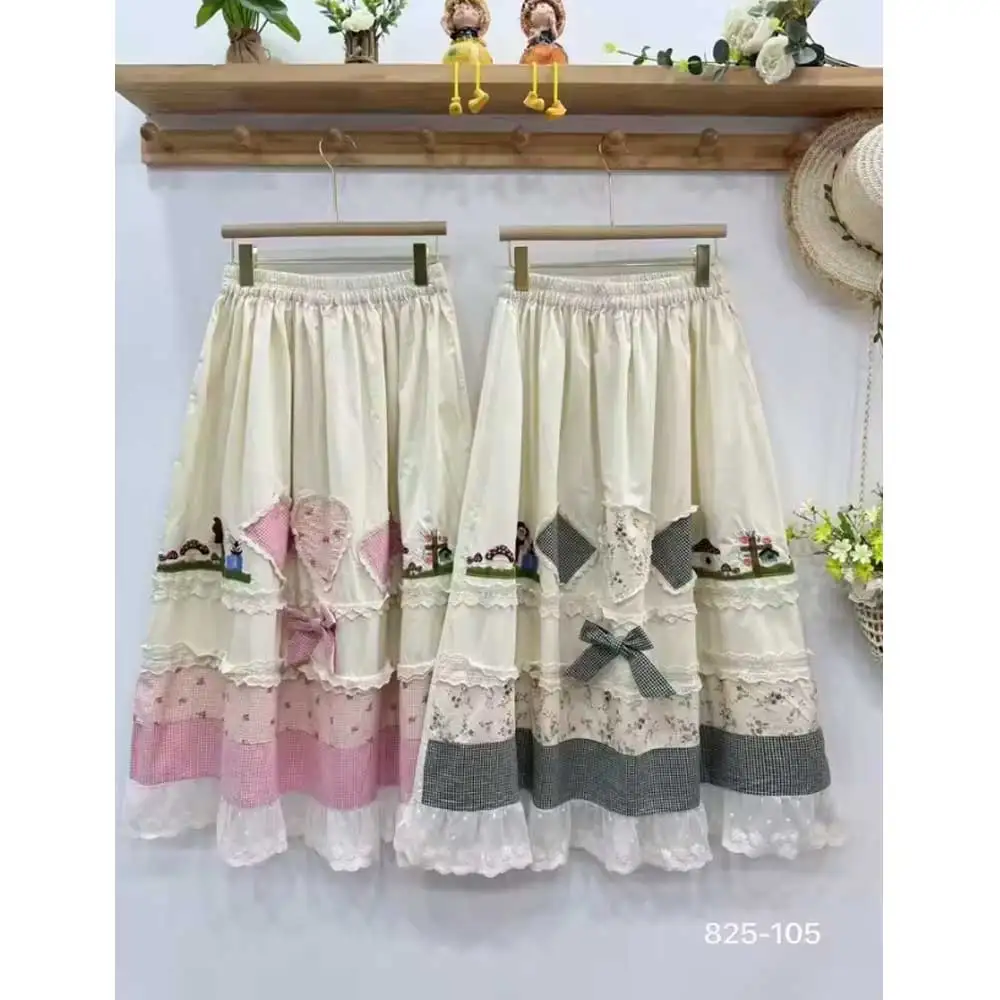 

Women Sweet Lolita Mori Girl Lace Cartoon Embroideried Plaid Patchwork Skirts Summer Elastic Waist Casual Loose A-Line Skirts