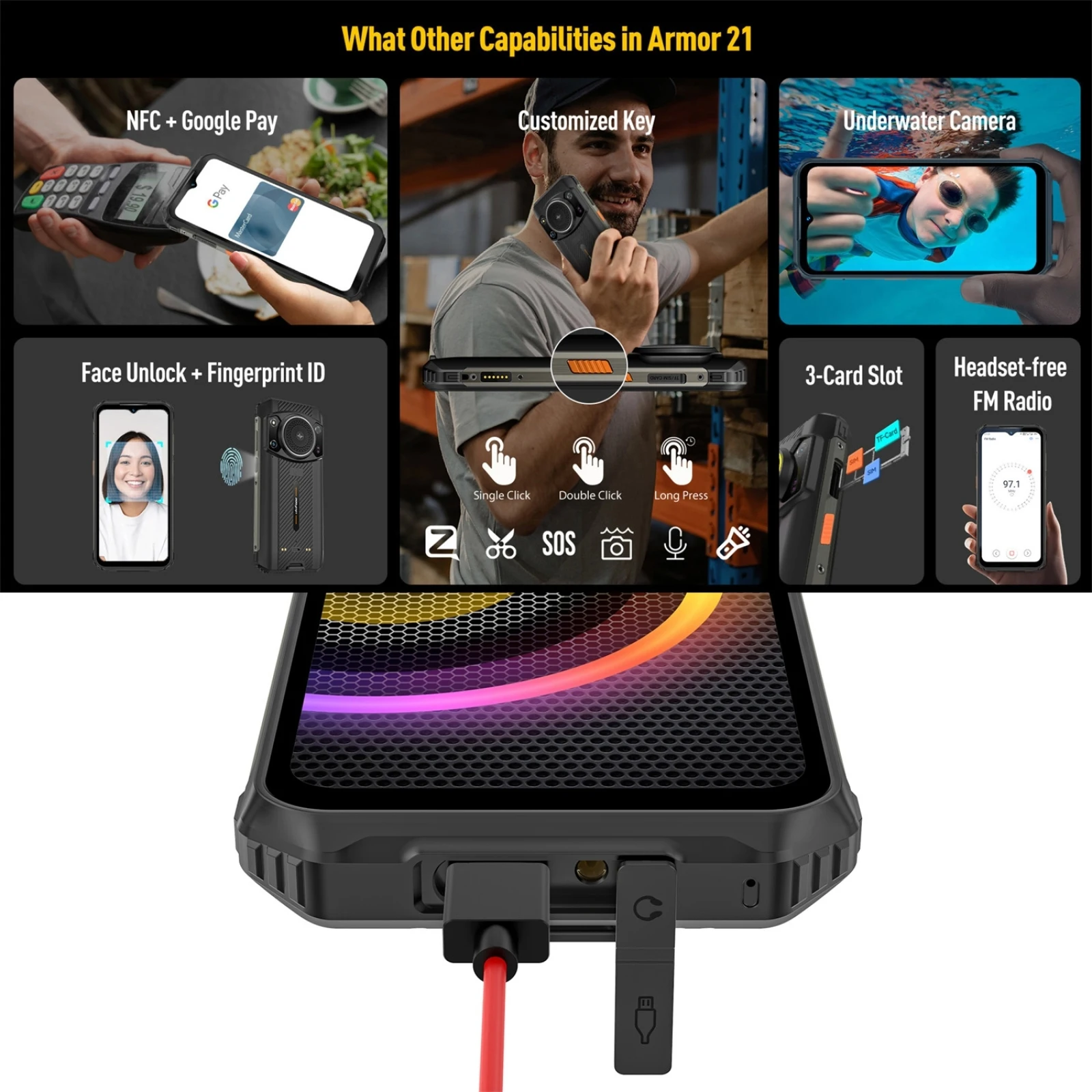 Ulefone Armor 21 8GB+256GB Rugged Phone Night Vision 9600mAh 6.58'' Android 13 Helio G99 NFC 4G Smartphone Global Version