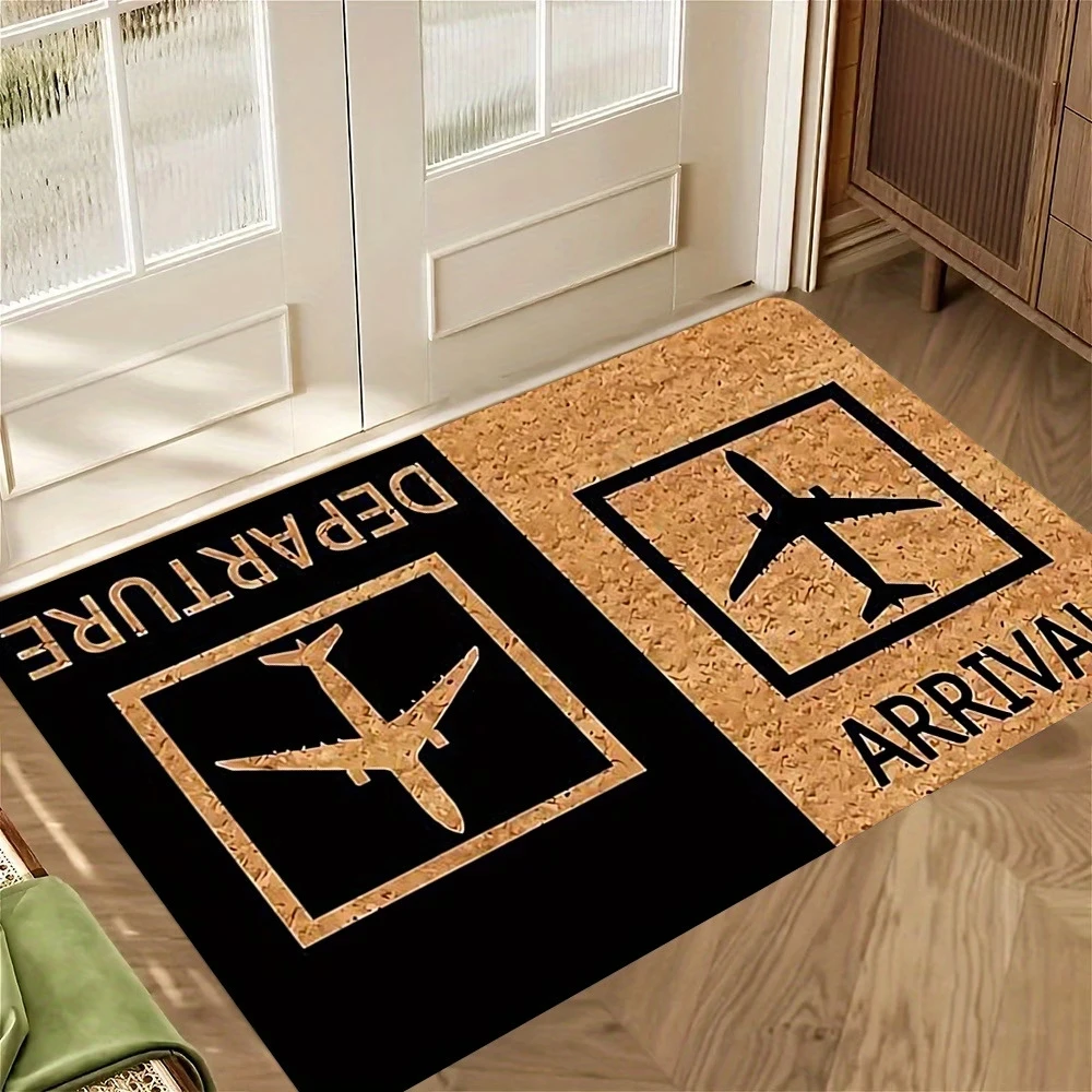 Airport Departure Board & Happy Camper Doormat for Home Office Porch Indoor Outdoor Non-slip Floor Rug Travel and Camping Decor