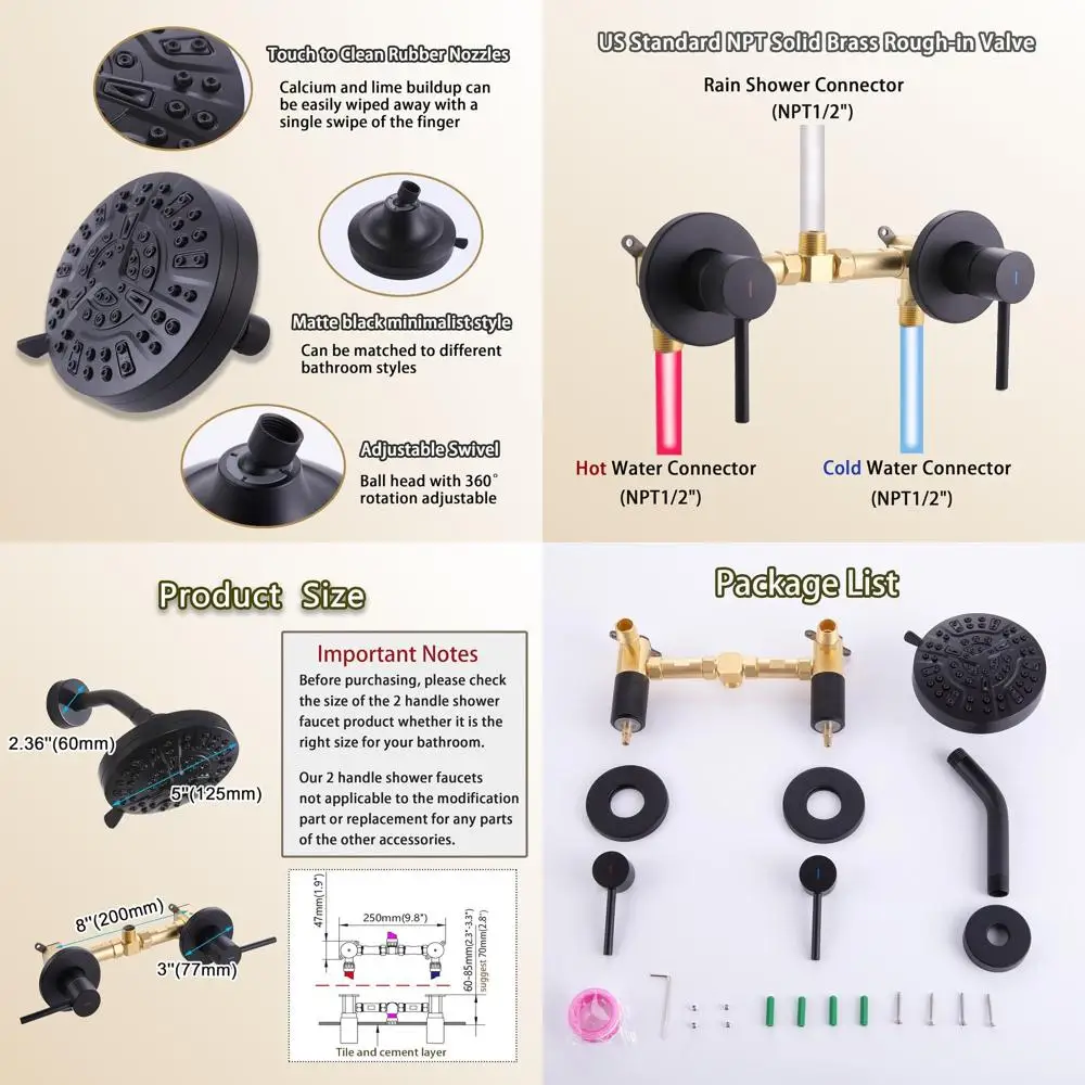 

8-Setting Matte Black Shower Faucet Set with Wall-Mounted Shower Head and Trim Kit