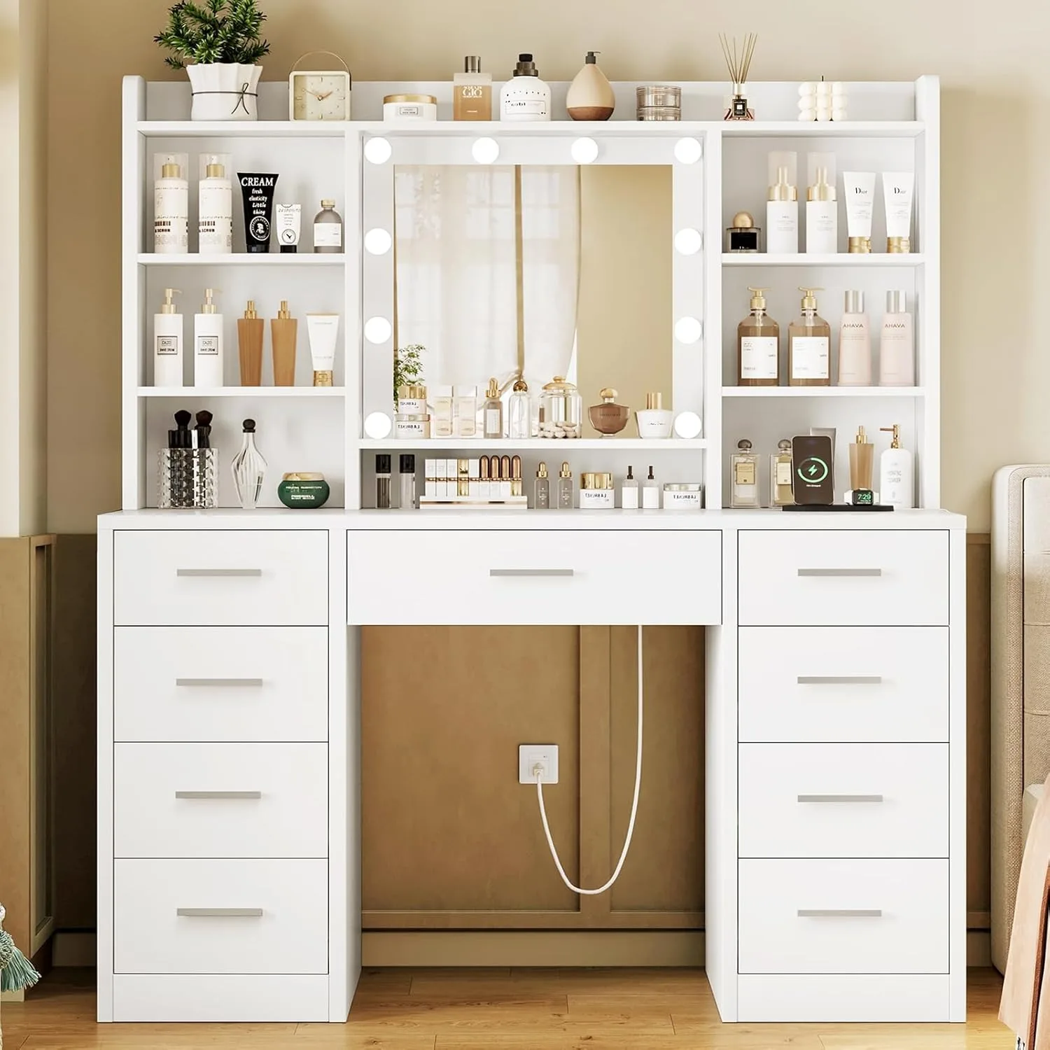 Makeup Vanity with Lighted Mirror & Power Outlet, 9 Drawers & 6 Storage Shelves, 3 Light Modes, Custom image 6