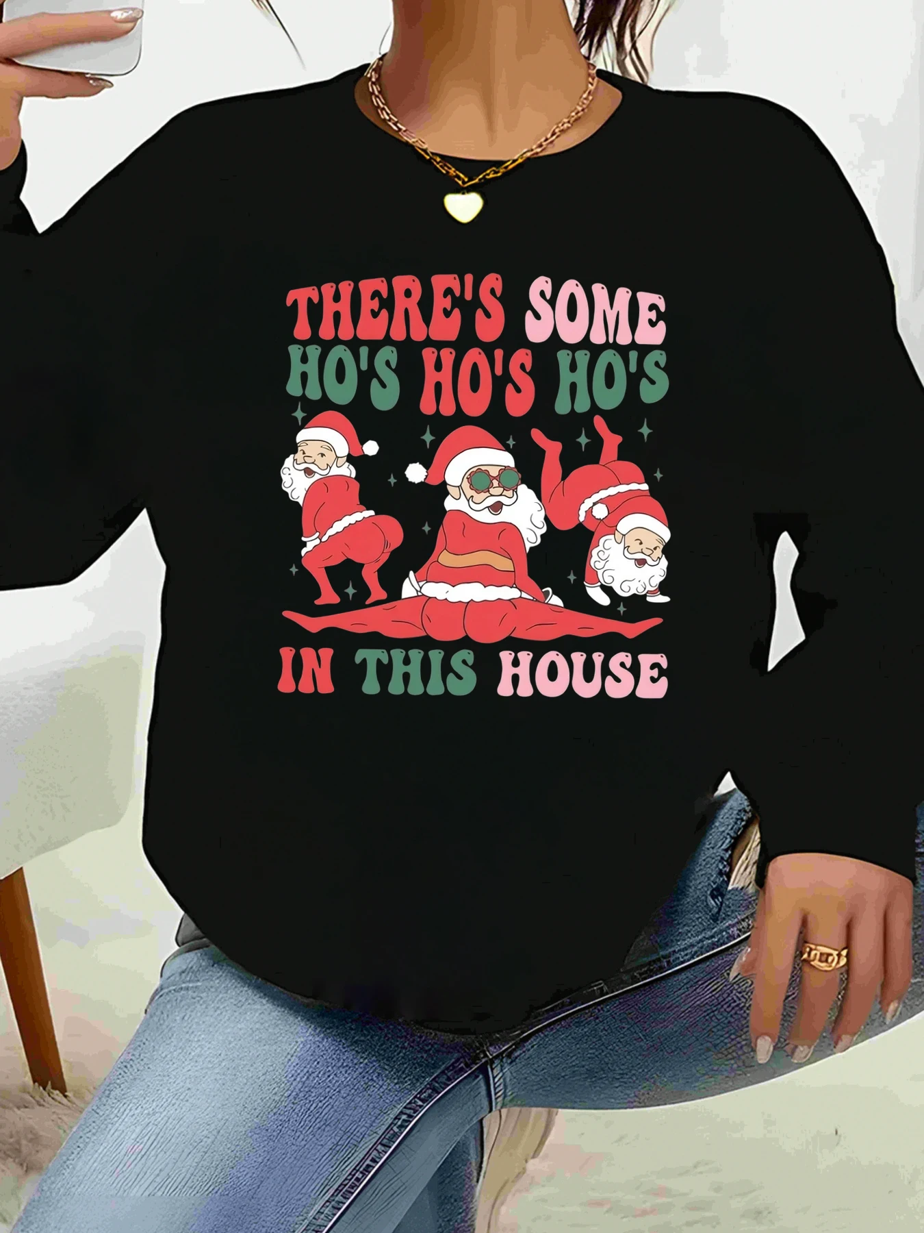 

Санта-Клаус Хо's Хо's Рождественский свитер с длинными рукавами и принтом Повседневная одежда для женщин