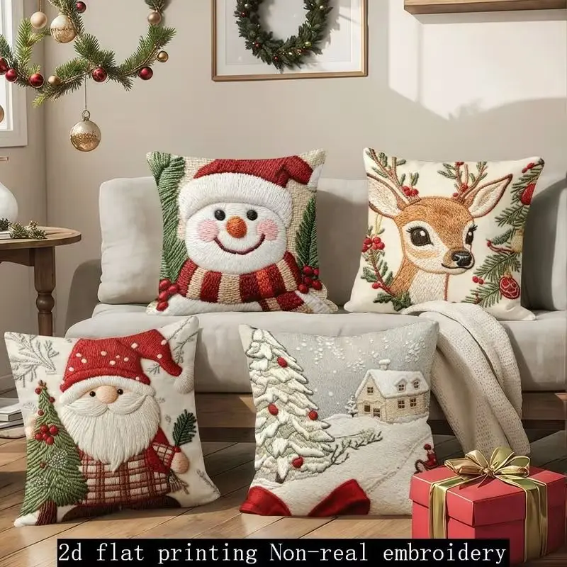 VIKAMA 4Pcs Christmas Pillow Covers Embroidery Style Printed Living Room Sofa Cushion Cases Holiday Home Decor No Insert