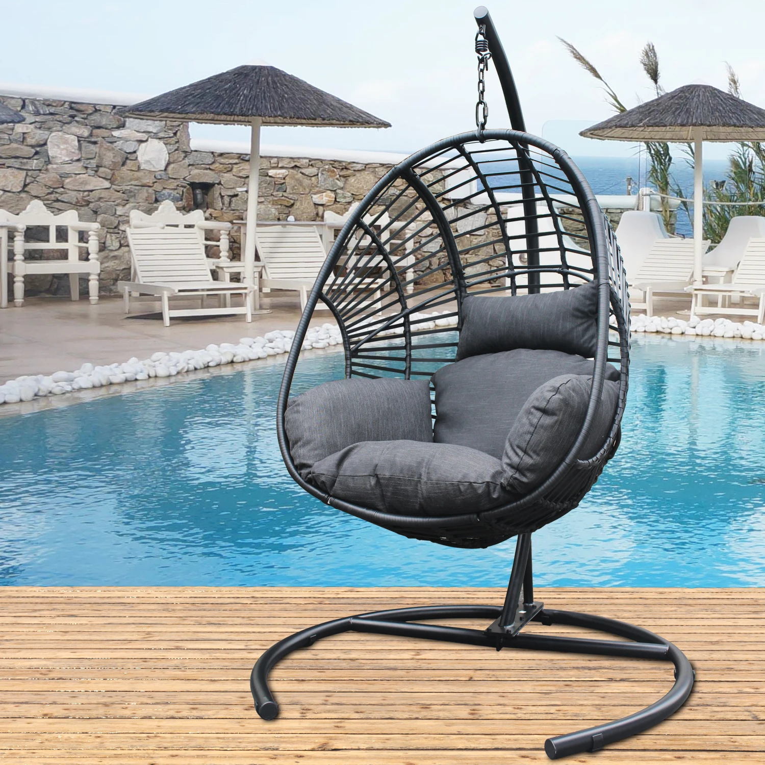 

Outdoor Indoor Black color PE Wicker Swing Egg chair with Antracite Color Cushion And Black Color Base Patio Hanging Chair