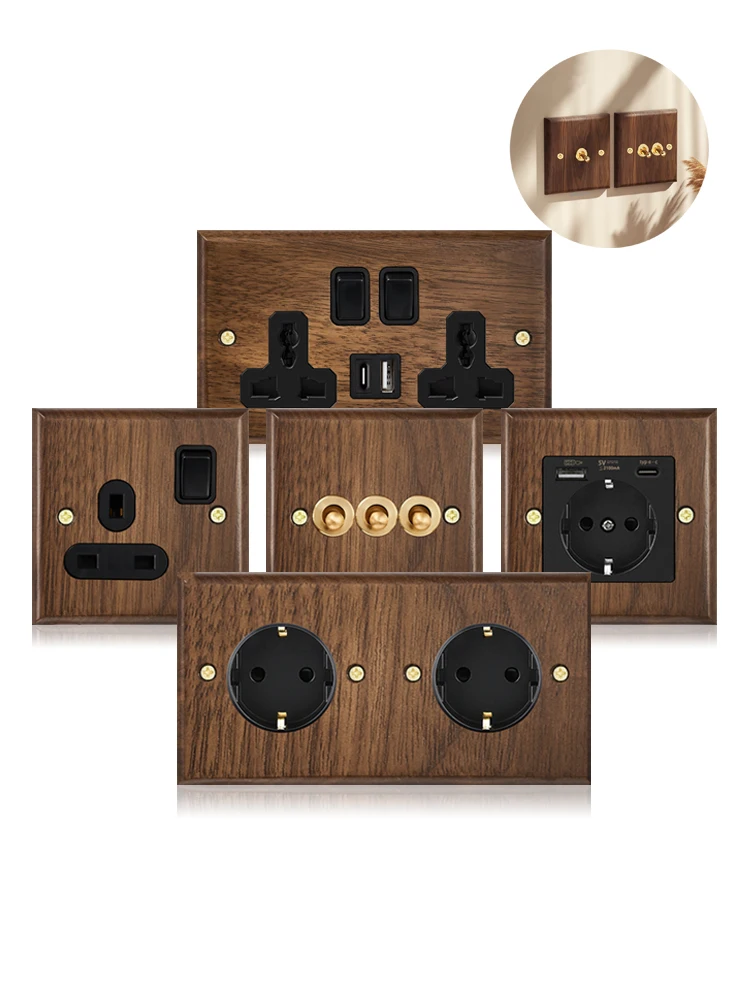 Panneau d'interrupteur à bascule mural en noyer rétro noir, 1-4 gangs, 2 voies, bois massif, Double prise ue/FR, prise de courant électrique universelle Usb C