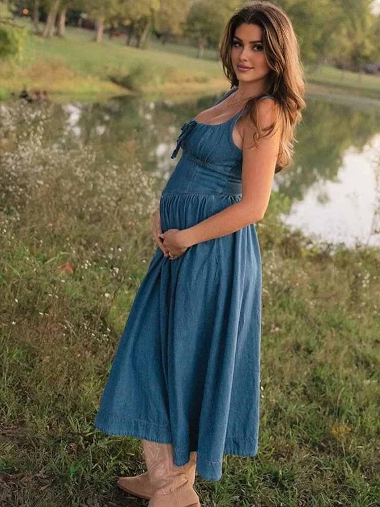 Maternity Denim Spaghetti Strap Photo Dress Vintage Casual Pregnancy Shoot Outfit Square Neck Waist Dress Baby Shower Gown