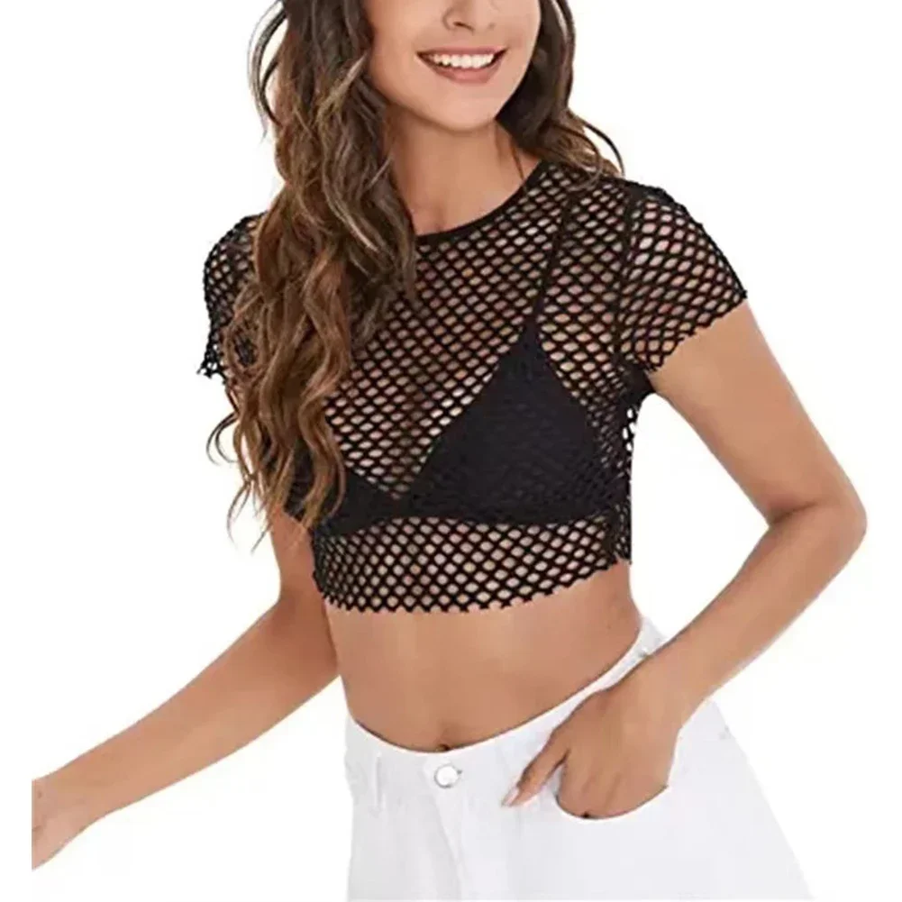 Elegant See Though Mesh Fish Net Short Sleeve Crop Top T Shirt Blouse for Women in White Black Fluorescent Yellow