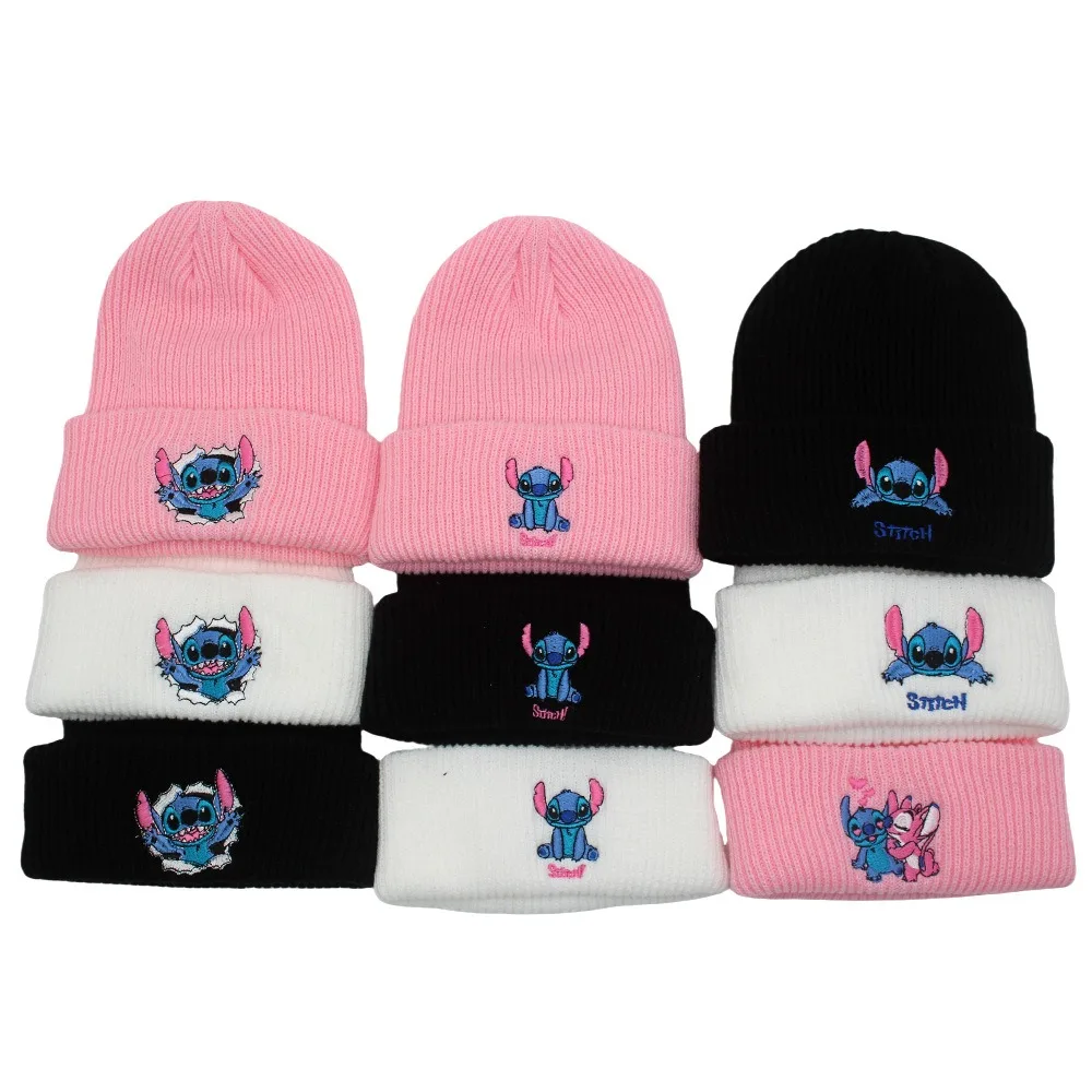 Hot Sale Stitch Knitted Hats Kawaii Cartoon Embroidered Beanie Cap Cute Anime Thermal Caps Warm Stretchy Hats Christmas Gifts