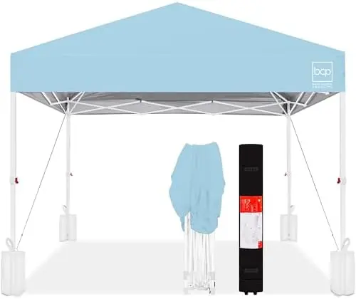 8x8ft Pop Up Canopy Tent, Outdoor Shade, 1 Person 1 Minute Set Up, Carry Case, 4 Weight Bags - French Blue/White