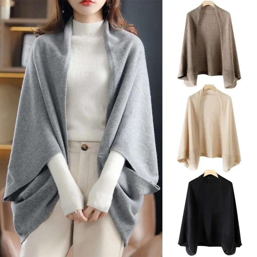 

Модная вязаная кашемировая шаль, мягкий теплый зимний пашминовый шарф, двусторонний шерстяной кейп с рукавами «летучая мышь», теплый вязаный кардиган-накидка