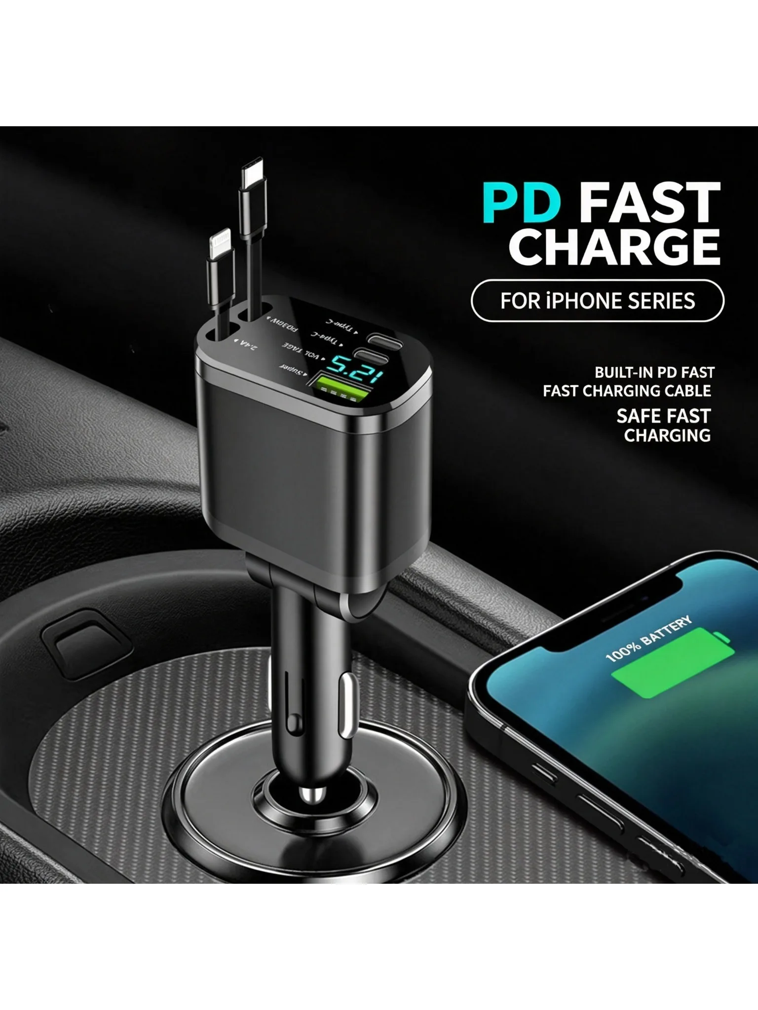 Digitales Display-Autoladegerät mit einziehbarem Kabel, PD-Autoladegerät, schnelles Laden, superschnelles Laden, Flash-Laden, Fünf-in-Eins-Zigarettenanzünder-Ladegerät.