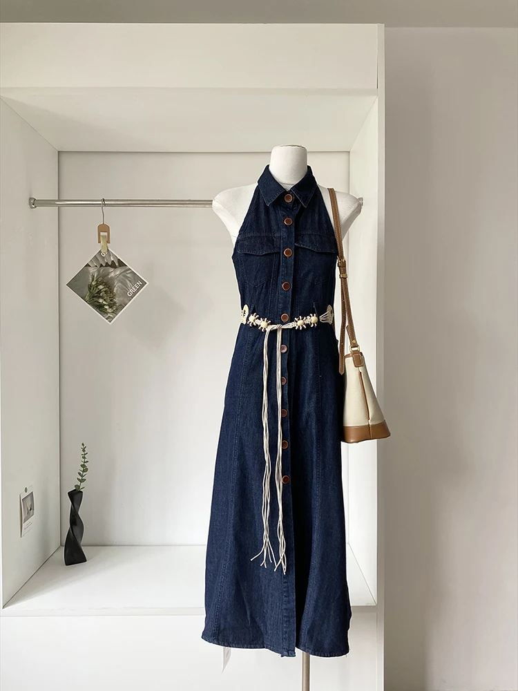 

Summer fashion temperament design sense niche buckle hanging neck dress slim fit and slimming long skirt for women