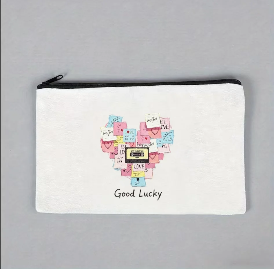 1PC Colorful Sticky Note Heart Cassette Tape Good Lucky Canvas Cosmetic Bag Double Sided Portable Travel Zipper Pouch