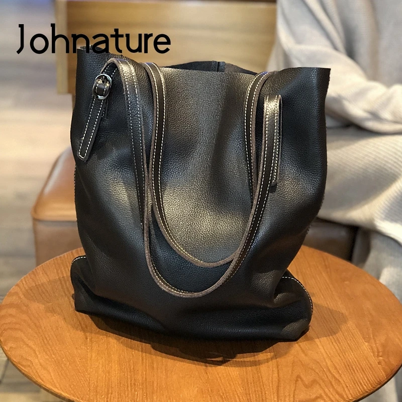 Johnature Korean Casual Tote Women Big Bag Genuine Leather Large Capacity Handbag Simple Solid Color Soft Cowhide Shoulder Bags