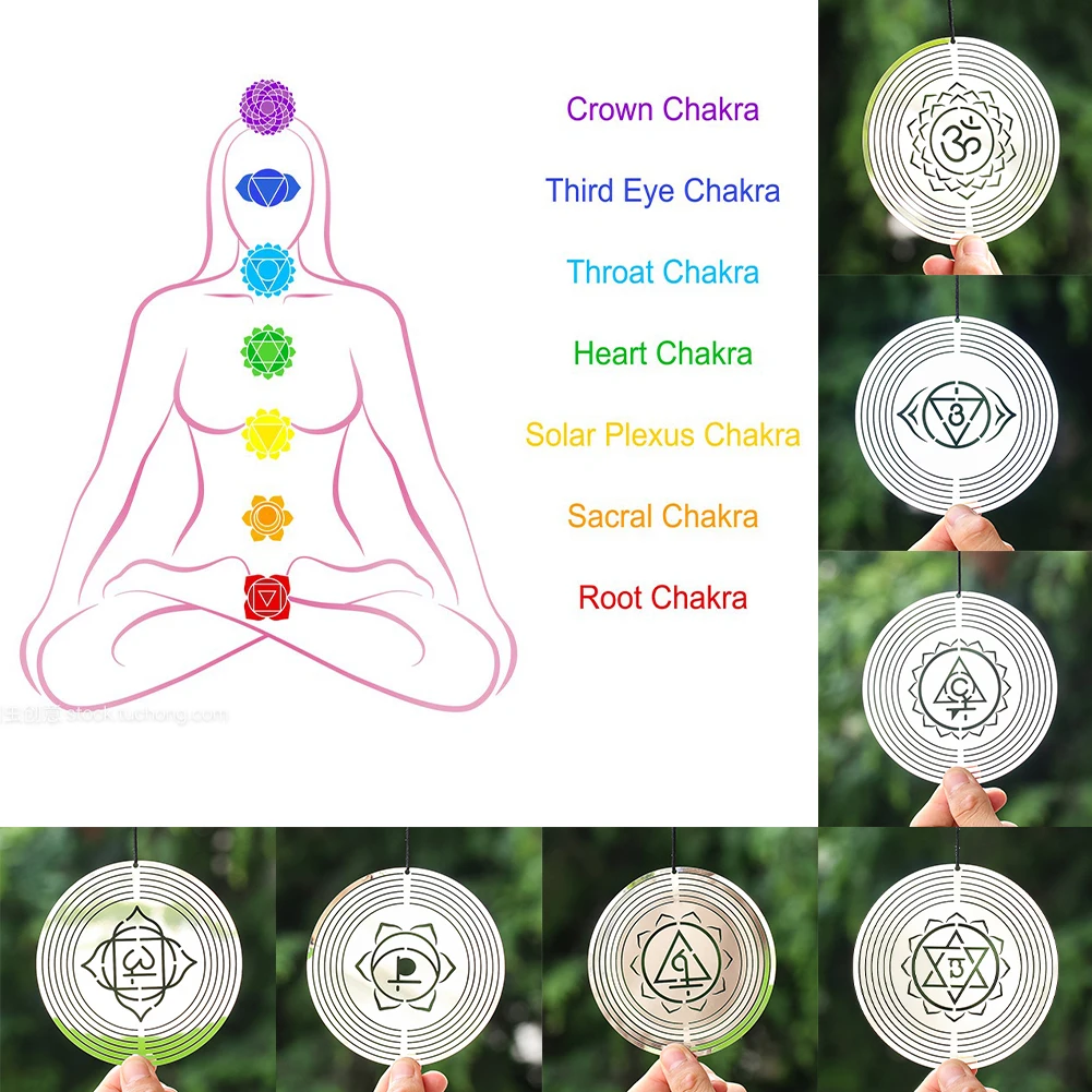 7pcs/set Chakra Wind Spinners Reiki Yoga Meditation Mandala Om Spiritual 3D Rotating Wind Chimes Sculptures Outdoor Garden Decor