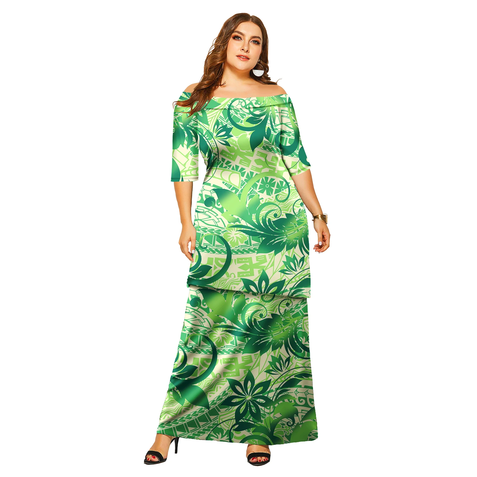 All Seasons Tropical Pattern Samoan Puletasi Tapa Dress Island Long Dress 2 Piece Polynesian Tribal Dress Set 7XL