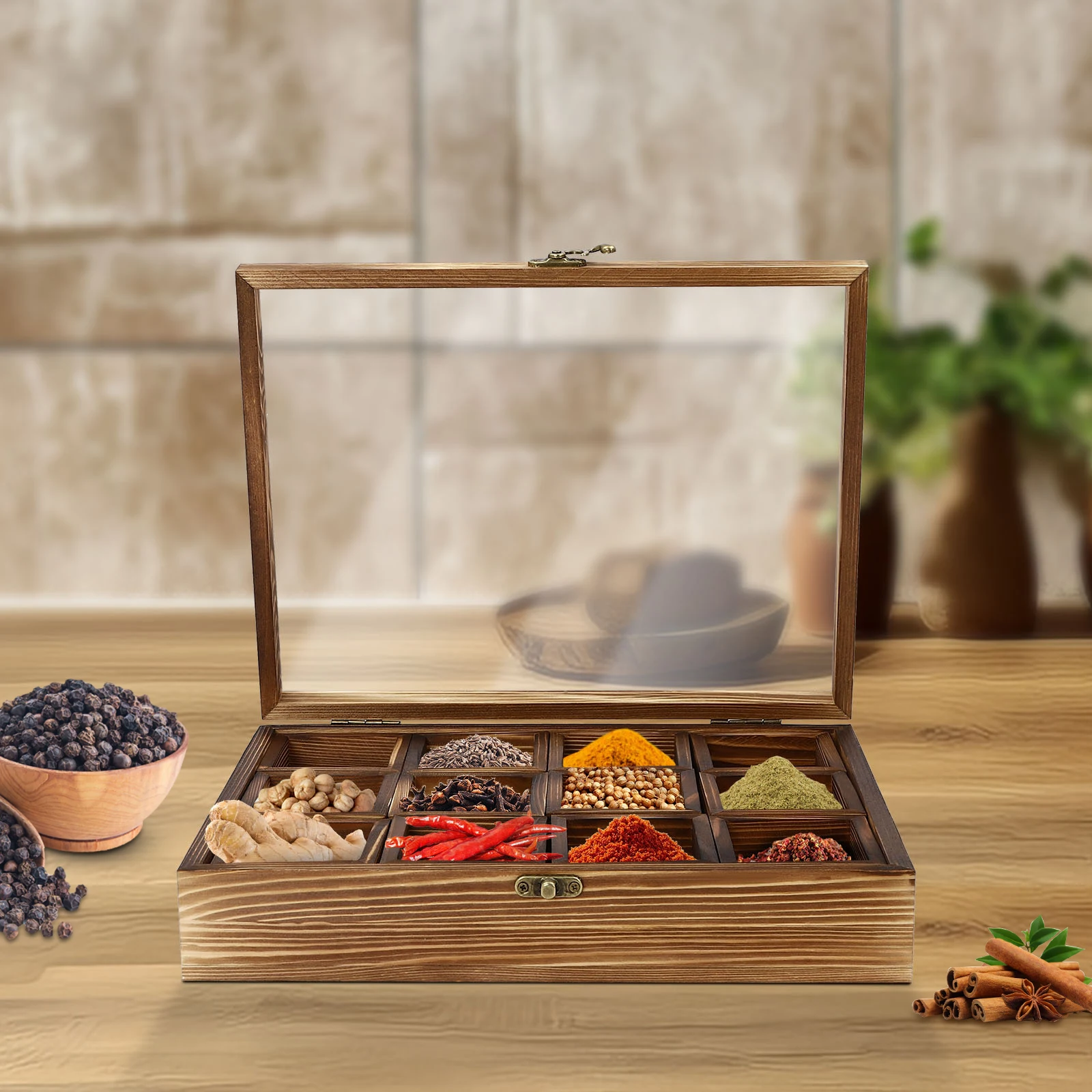 Retro Style Wooden Spice Box Wooden Spice Box with 12 Containers Storage Cans Spice Fit Box