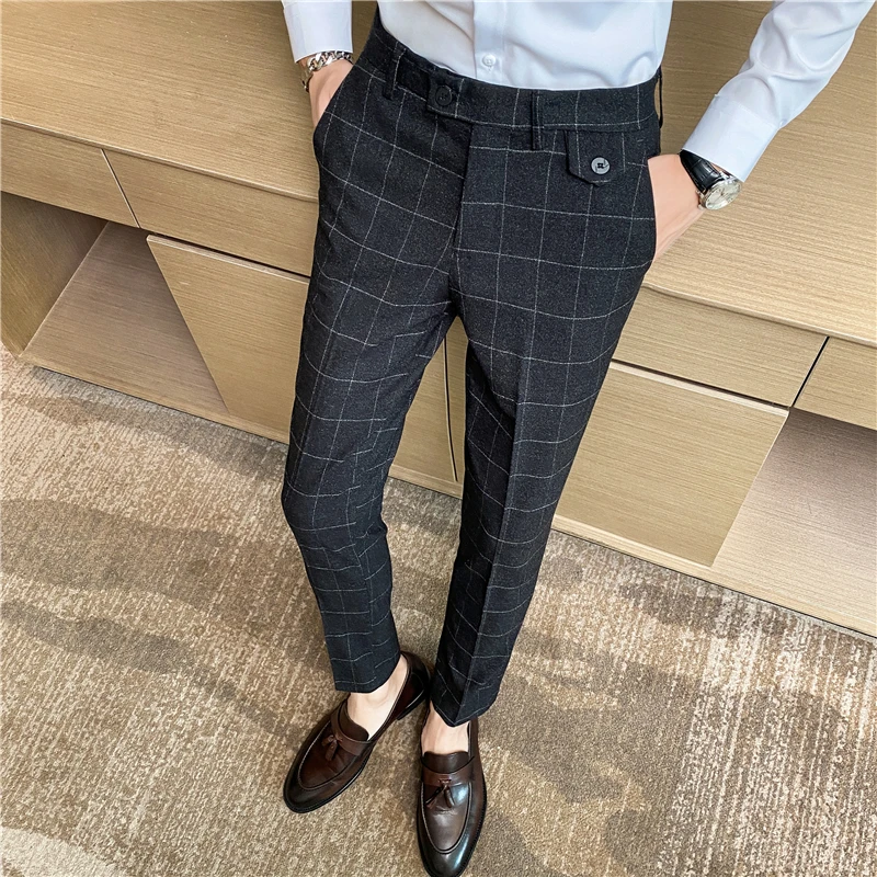 2022 Men Formal Office Social Suit Pants British Casual Slim Fit Trousers Men Clothing Autumn Winter Plaid Business Dress Pants