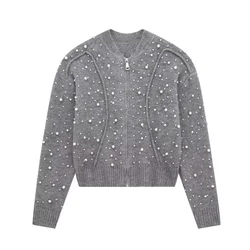 Women's Cardigan Sweaters Pearl Knitted Jackets Knitwear Long Sleeve Jumpers Knit Jackets 2024 Gray Woman Sweaters Jacket