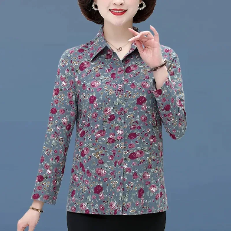 Women Floral Cotton Shirt Long Sleeve Button Blouse for Middle-aged Elderly
