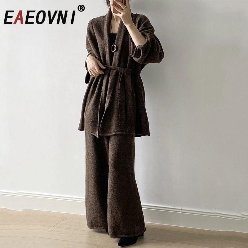 

EAEOVNI осенне-зимний вязаный комплект из 2 предметов, женский повседневный однотонный кардиган с поясом, свитер, широкие длинные брюки, брюки, новые комплекты