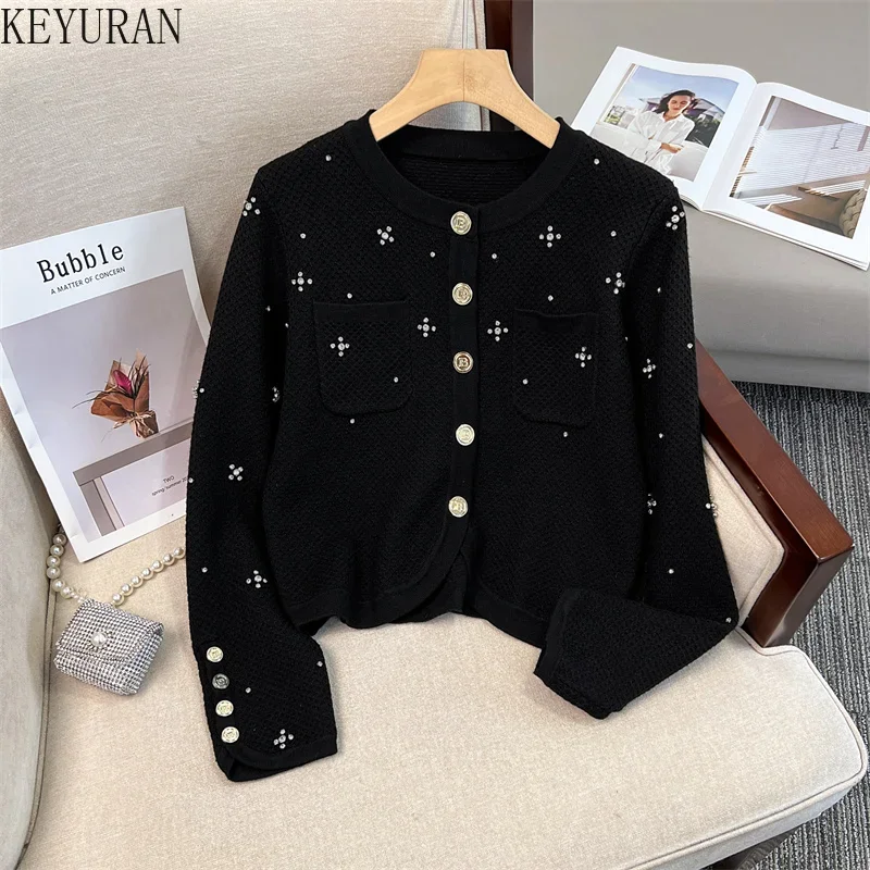 2024 Autumn Winter New Vintage Knitted Cardigan Sweater Women Korean Fashion Black Diamonds Beading Knitwear Tops Female Jumper