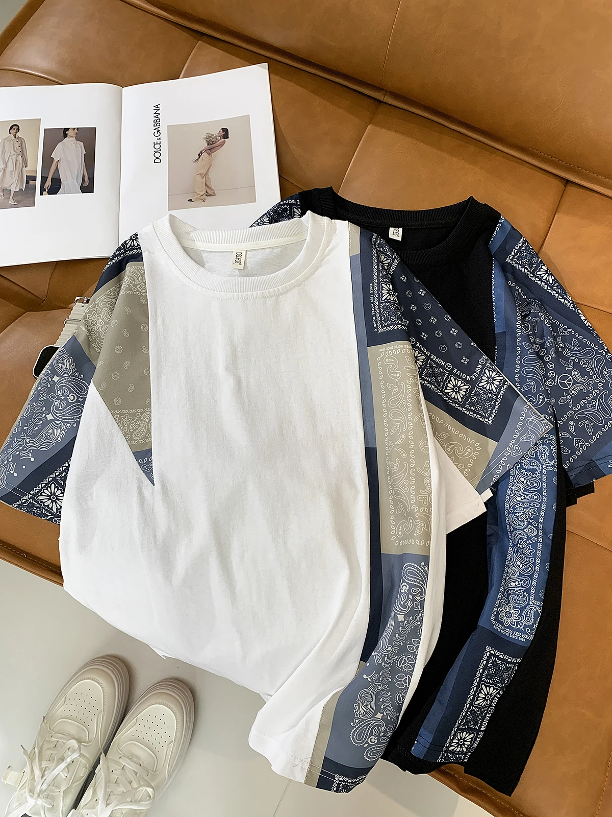 

Retro American Patchwork ort Sve T-irt Men's Summer Trendy Loose f Sve Top Japanese Ethnic Print Body irt