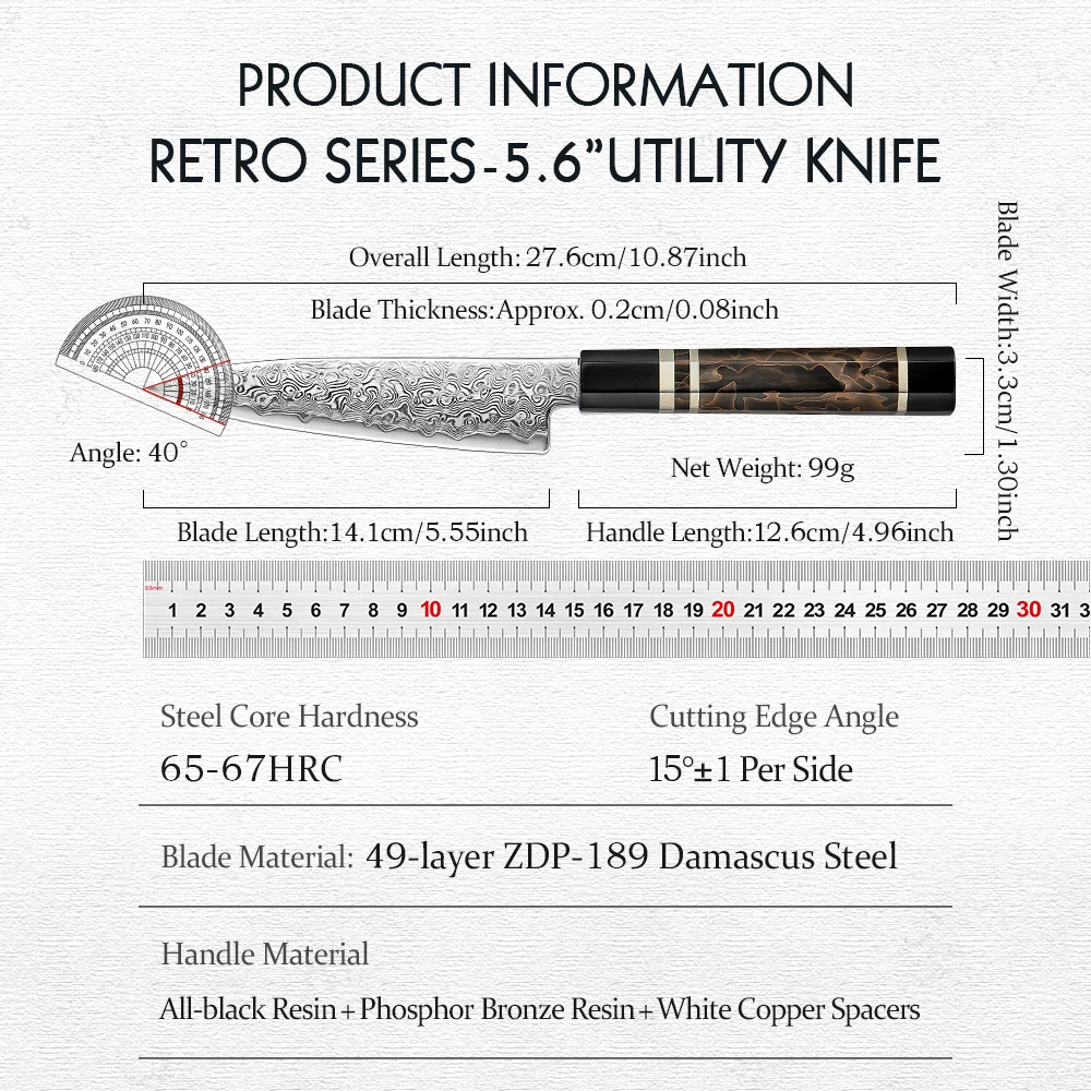 HEZHEN 5.6 Inch Utility Knife 49 Layers ZDP-189 Damascus steel Powder Core 65-67 HRC Steel Kitchen Cook Knife