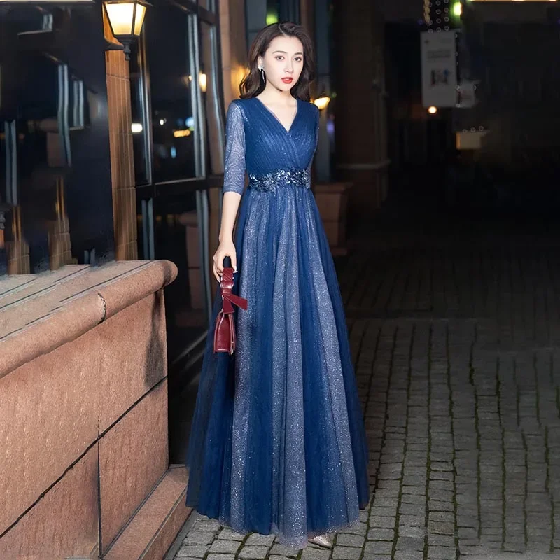 It's Yiiya Customized Evening Dress Navy Blue Floral V-Neck Half Sleeves A-Line Floor-Length Plus size Woman Formal Party Gowns